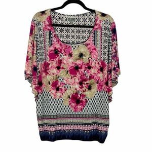 JM Collection Floral Embellished Scoop Neckline Flutter Short Sleeves Blouse XL